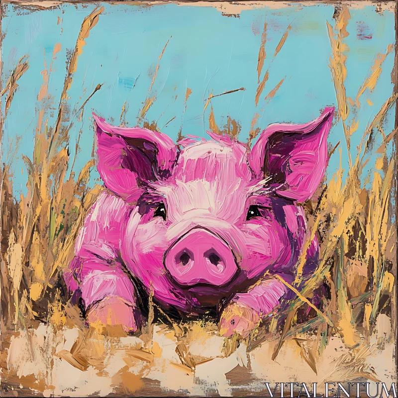 AI ART Pink Pig Portrait in Golden Wheat