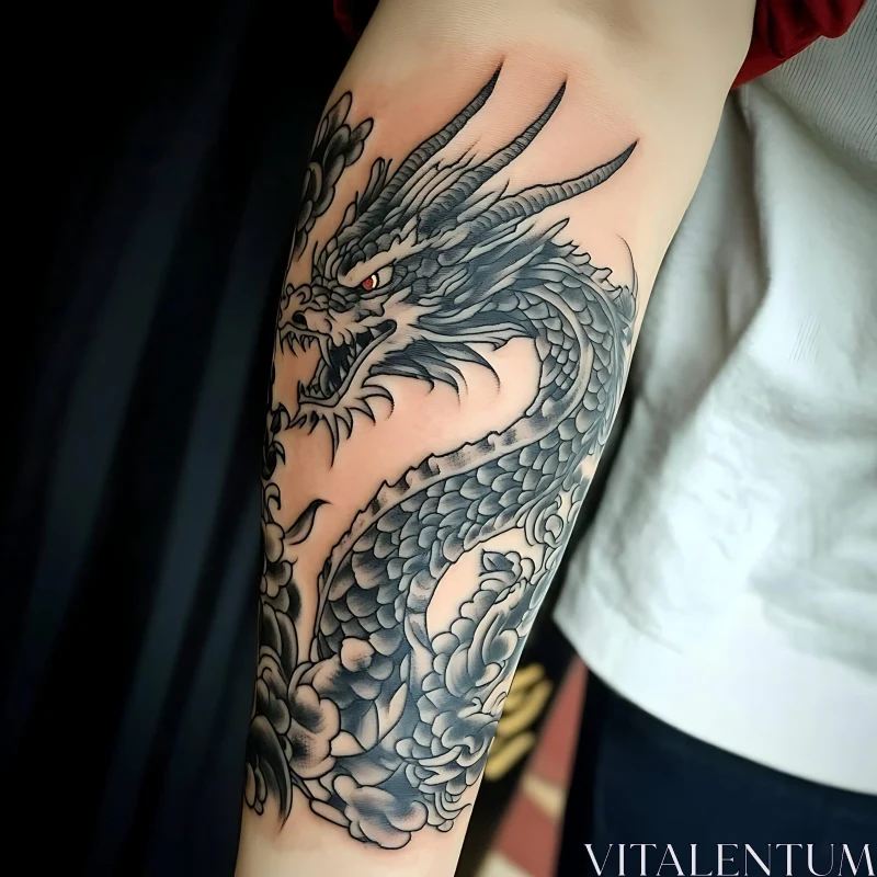 Black and Grey Dragon Tattoo on Forearm AI Image