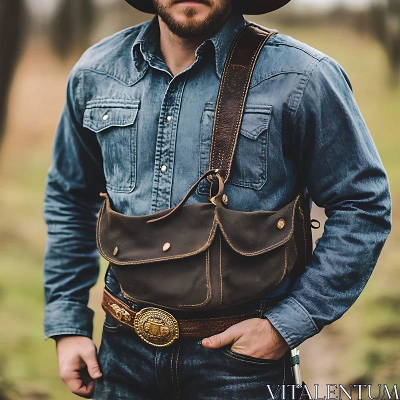 Man in Denim with Leather Bag AI Image