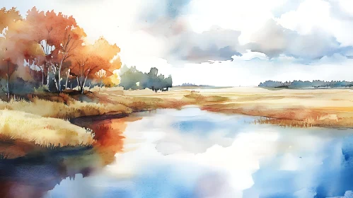 Peaceful Autumn River Scene in Watercolor