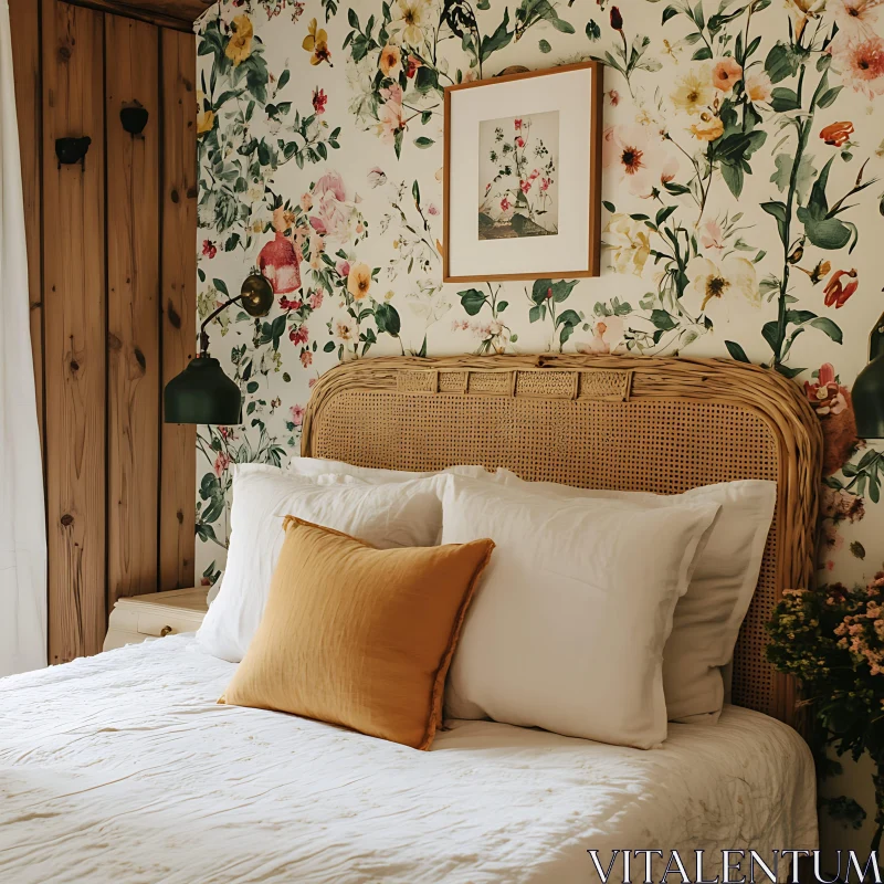 Cozy Bedroom Interior with Floral Design AI Image