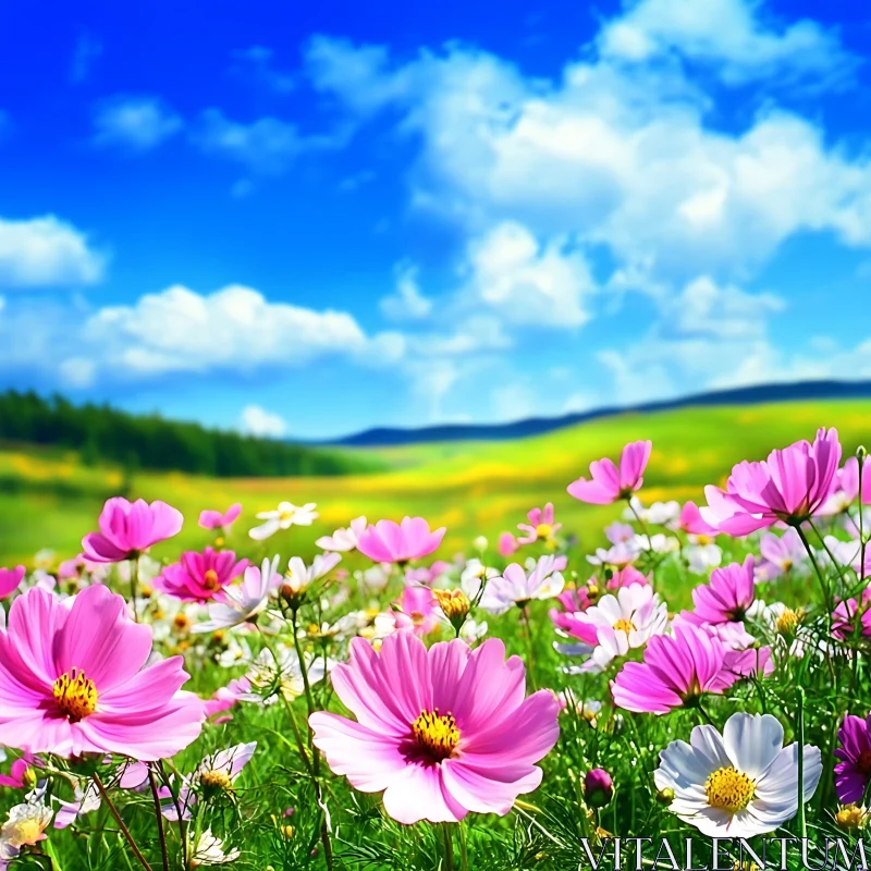 Blossoming Cosmos Field: A Sunny Day Scene AI Image