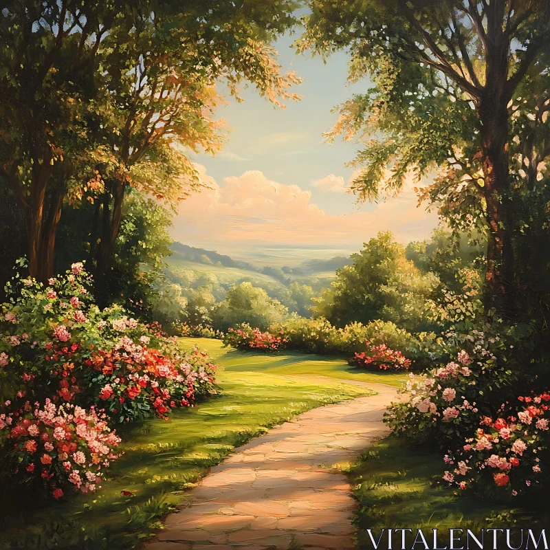 Picturesque Garden Pathway with Floral Accents AI Image