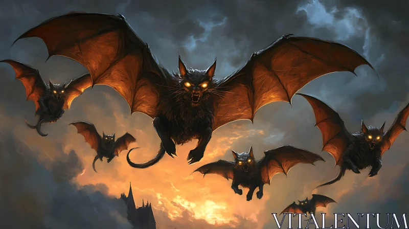 AI ART Fantasy Cat-Bat Flock in Gloomy Sky