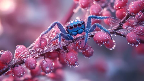 Blue Spider with Dewy Red Berries