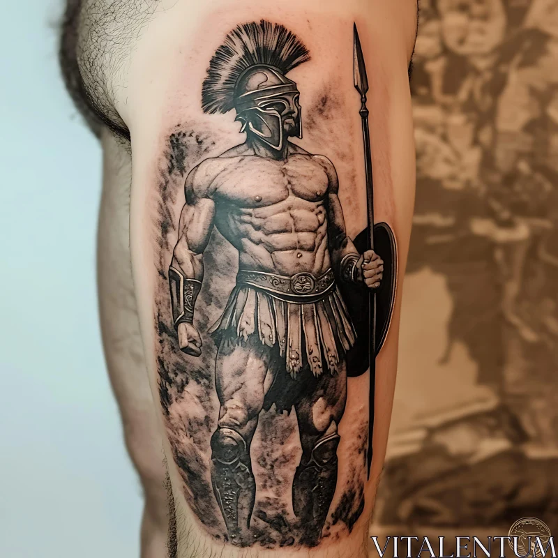 Detailed Spartan Tattoo in Grayscale AI Image