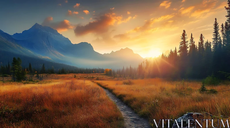 Golden Field Mountain Sunset Scenery AI Image