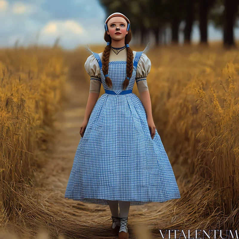 Girl in Blue Dress in Golden Field AI Image