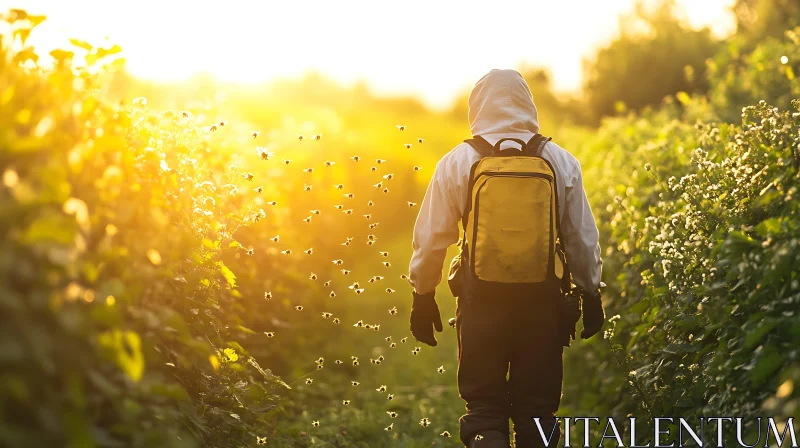 Person Walking in Field with Insects AI Image