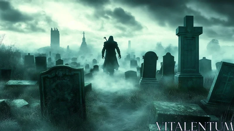 Silhouette in Misty Graveyard AI Image