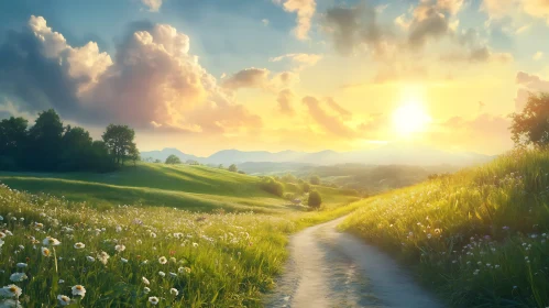 Sunlit Path Through a Floral Meadow