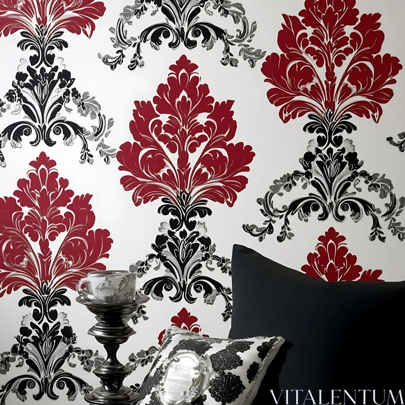 Red and Black Damask Pattern AI Image