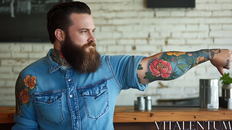 Bearded Man with Floral Arm Tattoo AI Image