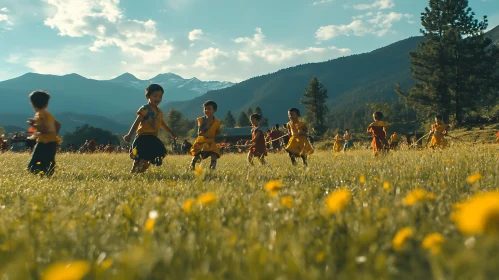 Kids Play in Grassy Field with Mountains