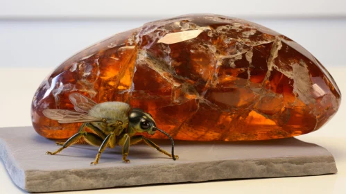 Amber Glass Bee Model on Beige Rock: A Study in Iridescence