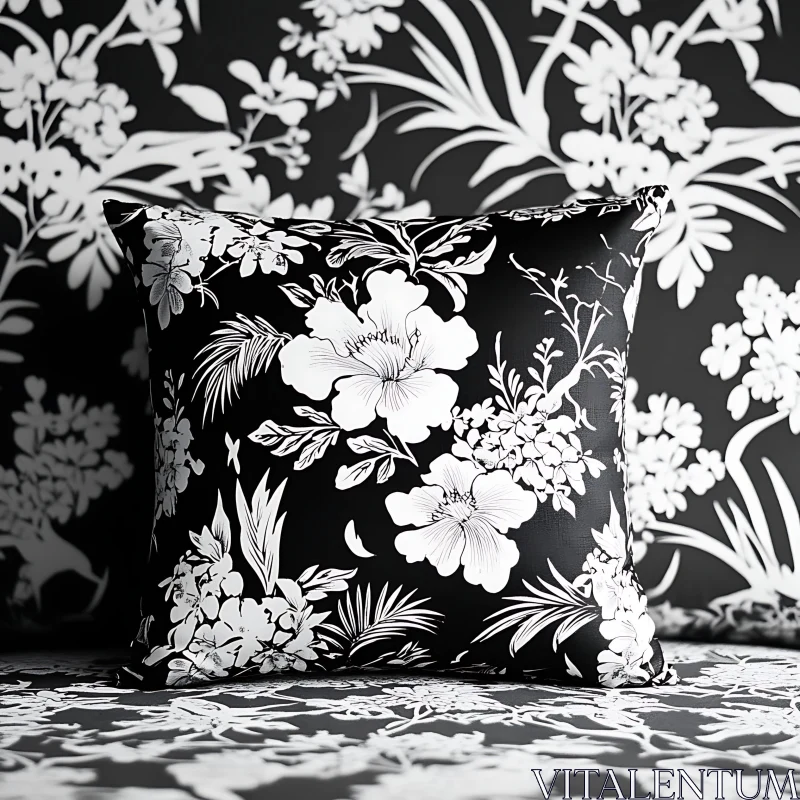 AI ART Monochrome Floral Home Decor Pillow