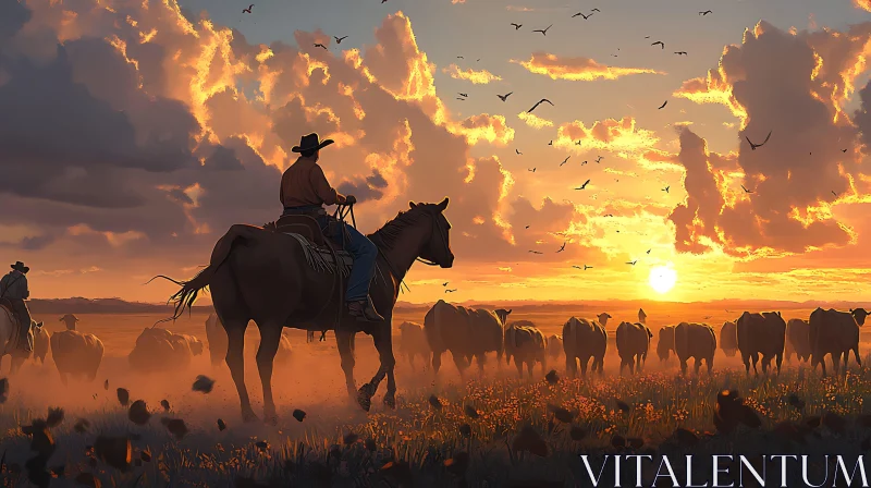 Western Scene with Cowboy and Cattle AI Image