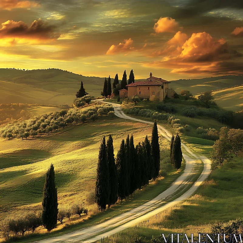 Italian Countryside at Sunset AI Image