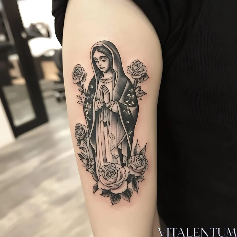 Intricate Religious Tattoo with Floral Design AI Image