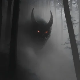 Shadowy Horned Figure in Misty Woods