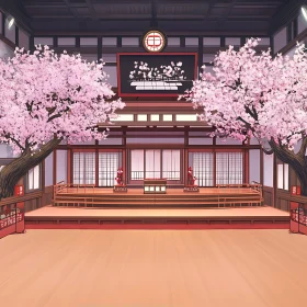 Serene Stage with Blooming Cherry Trees
