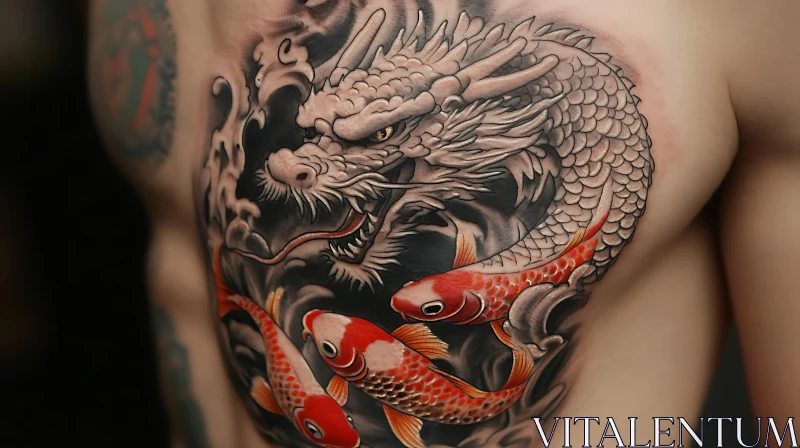 Chest Tattoo with Dragon and Koi Fish Design AI Image