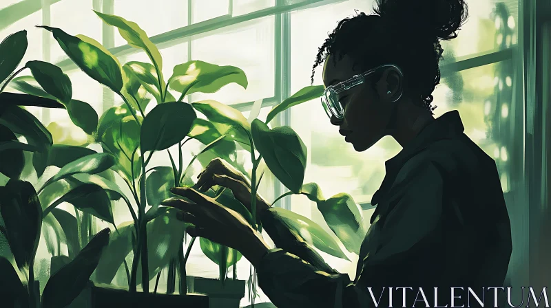 Woman and Plants in a Green Room AI Image