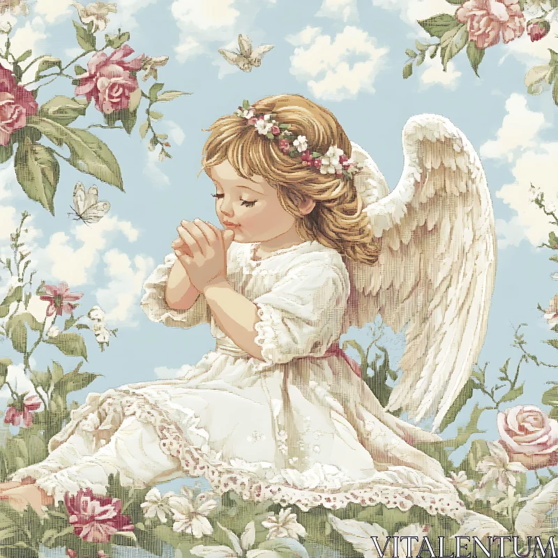 Floral Angel Praying in Garden Art AI Image