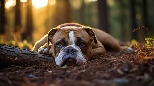 English Bulldog in Sunset Woods: A Study in Tonalist and Deconstructive Style
