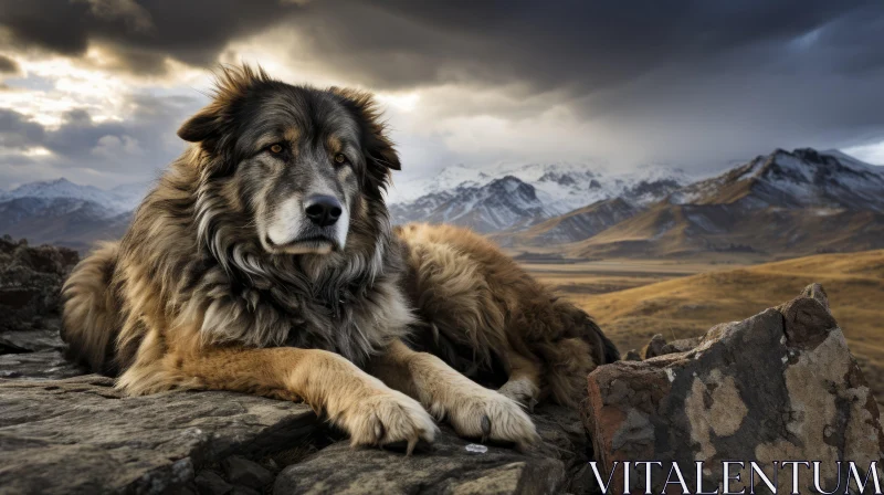 Epic Portraiture of a Dog Amidst Majestic Mountains AI Image