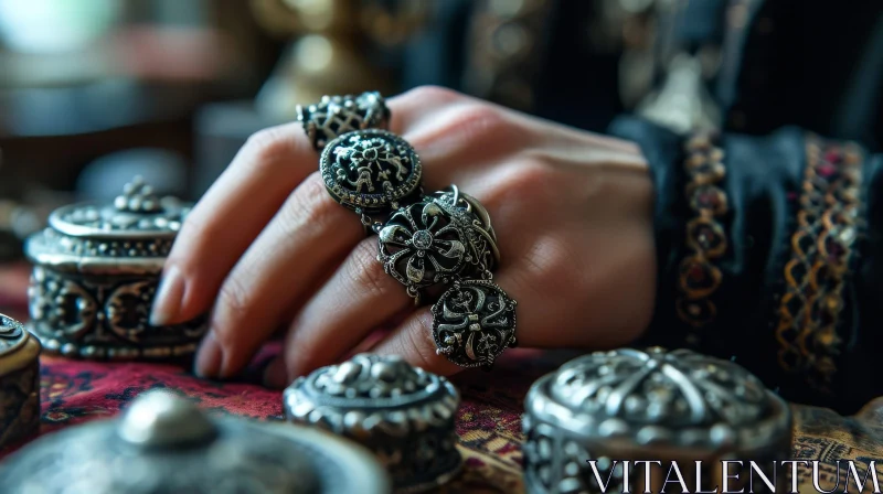 Exquisite Antique Silver Rings on Woman's Hand | Fashion Photography AI Image