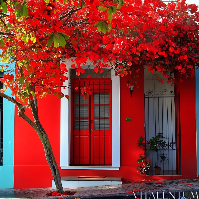 Red Facade with Floral Canopy AI Image