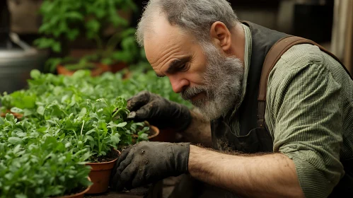 Man Planting Seedlings in Greenhouse