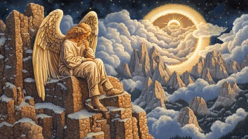 Pensive Angel in Mountainous Landscape