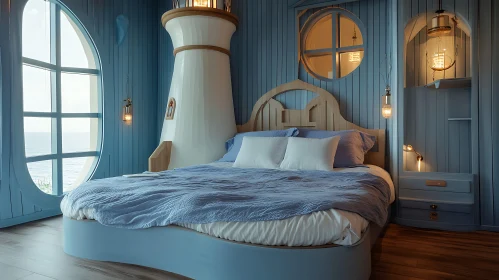 Coastal-Themed Bedroom with Lighthouse Bed