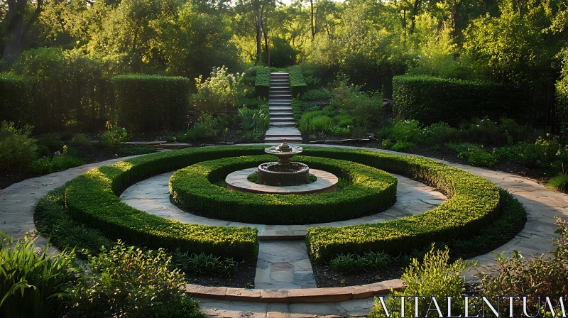 Tranquil Garden Landscape with Circular Hedges AI Image