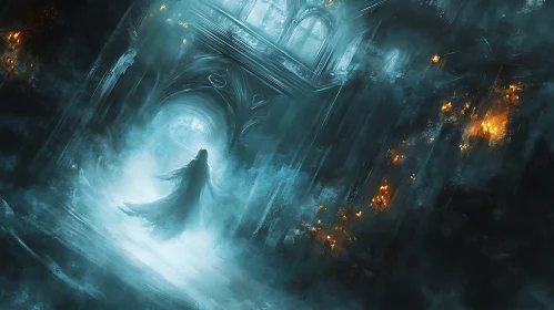 Mystical Passage: Spectral Figure in Blue Haze