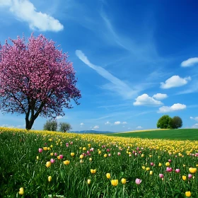 Pink Tree and Yellow Flower Meadow