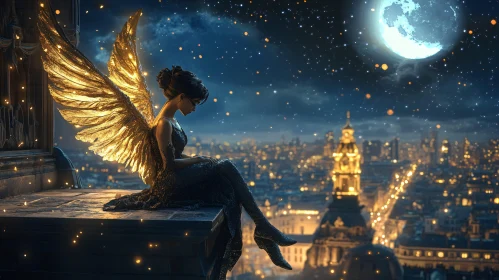 Golden Wings Angel in Cityscape