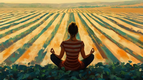 Woman Meditating in a Field at Sunset