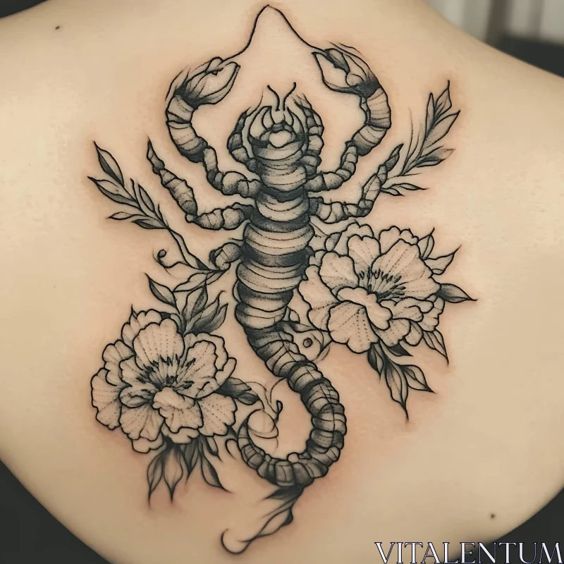 Black and White Scorpion and Floral Tattoo Art AI Image