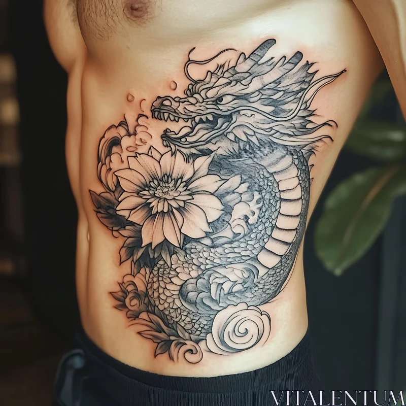 Ornate Black and White Dragon Tattoo with Flowers AI Image