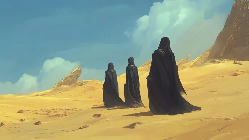 Cloaked Figures in Arid Landscape