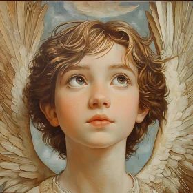 Hopeful Gaze: Angelic Child with Feathered Wings
