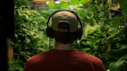 Green Serenity: Man with Headphones