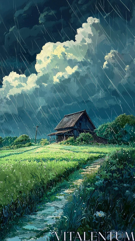 Rural House in the Rain AI Image