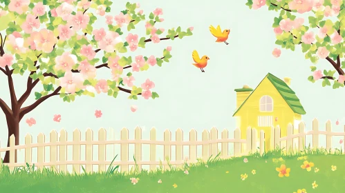 Idyllic Springtime Home with Flying Birds