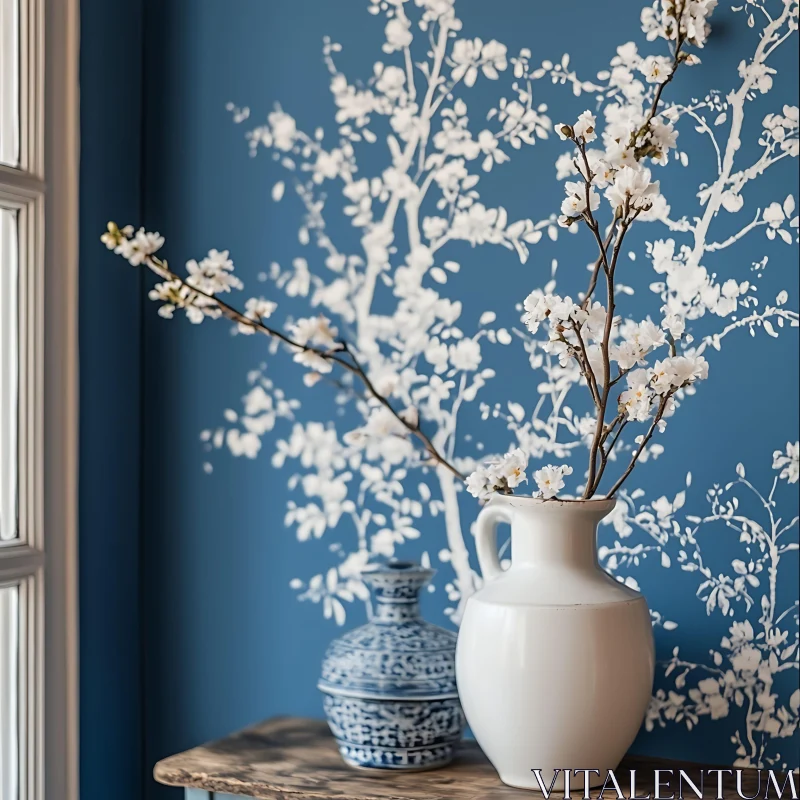 White Blossoms in Vase Still Life AI Image