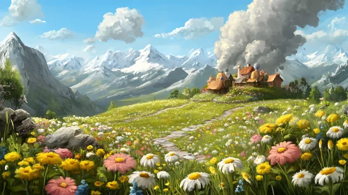 Idyllic Mountain Village Landscape Painting