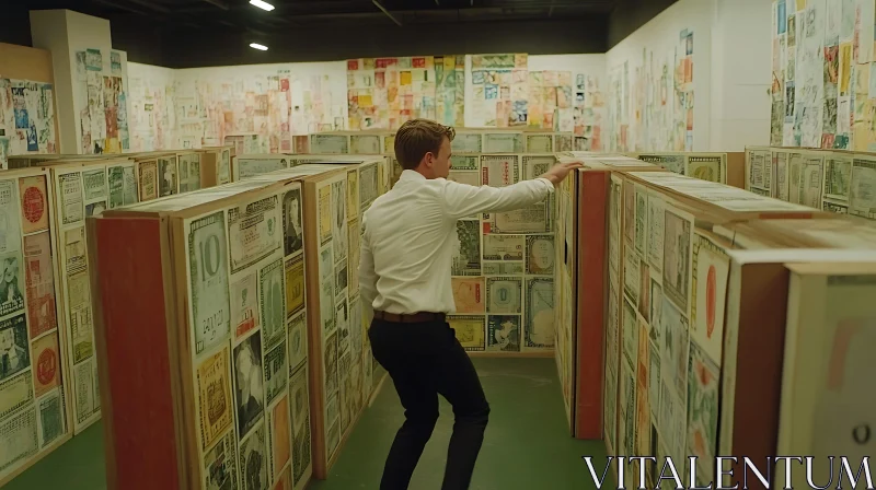 Man in Art Gallery Surrounded by Currency Art AI Image